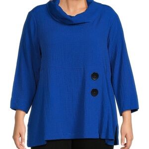 Ali Miles | Blue Woven Pucker Textured Cowl Neck 3/4 Sleeve Tunic Top 1X Artsy